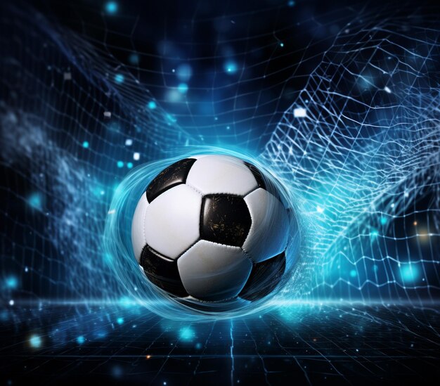 A soccer ball is in a net with a blue background. | Premium AI-generated  image