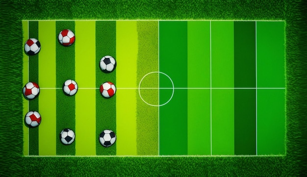 サッカー ボールとサッカーの文字が描かれた緑のフィールド。 | プレミアム写真